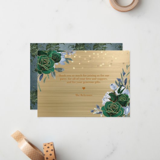 エメラルドグリーン金ゴールドフローラキンセアニラサンキュー ノートカード (正面/裏面インサイチュ)