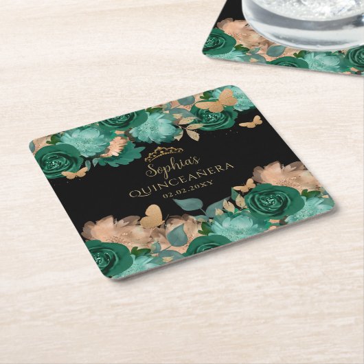 エメラルドグリーン金ゴールドフローラバタフライキンセアニラ スクエアペーパーコースター (アングル)