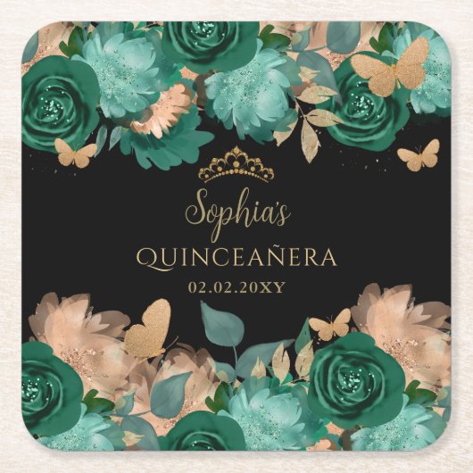 エメラルドグリーン金ゴールドフローラバタフライキンセアニラ スクエアペーパーコースター (正面)