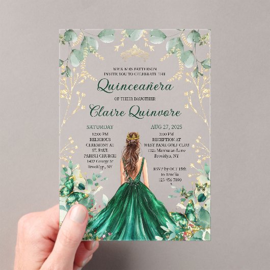 エメラルドグリーン金ゴールドフローラプリンセスキンセアニェラ アクリル招待状 (インサイチュ (ポータブル))