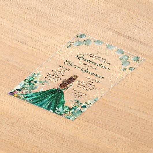 エメラルドグリーン金ゴールドフローラプリンセスキンセアニェラ アクリル招待状 (レイダウン)
