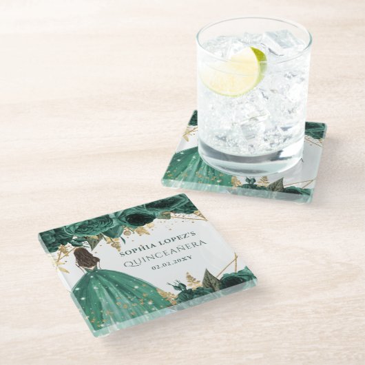 エメラルドグリーン金ゴールドフローラプリンセスキンセアニェラ ガラスコースター (アングル)