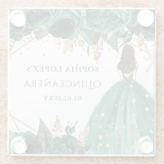 エメラルドグリーン金ゴールドフローラプリンセスキンセアニェラ ガラスコースター (裏面)