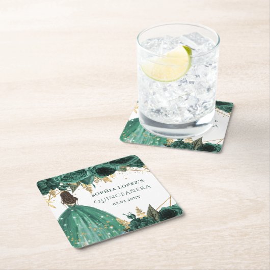 エメラルドグリーン金ゴールドフローラプリンセスキンセアニェラ スクエアペーパーコースター (インサイチュ)