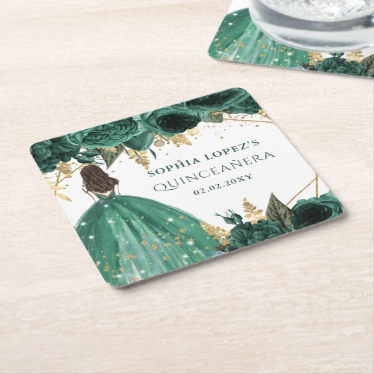 エメラルドグリーン金ゴールドフローラプリンセスキンセアニェラ スクエアペーパーコースター (アングル)