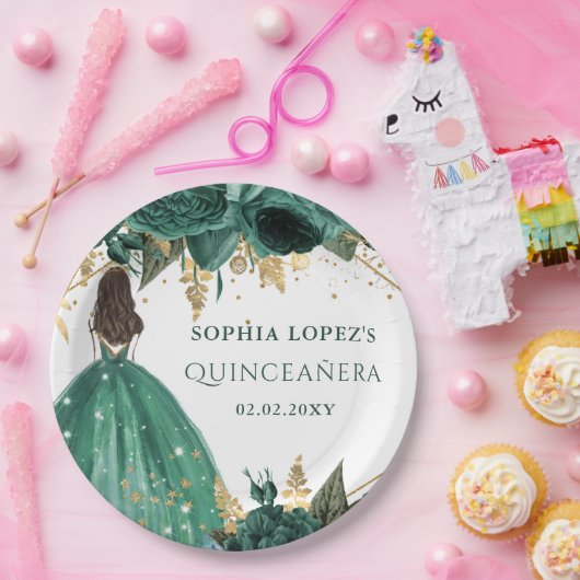 エメラルドグリーン金ゴールドフローラプリンセスキンセアニェラ ペーパープレート (パーティー)