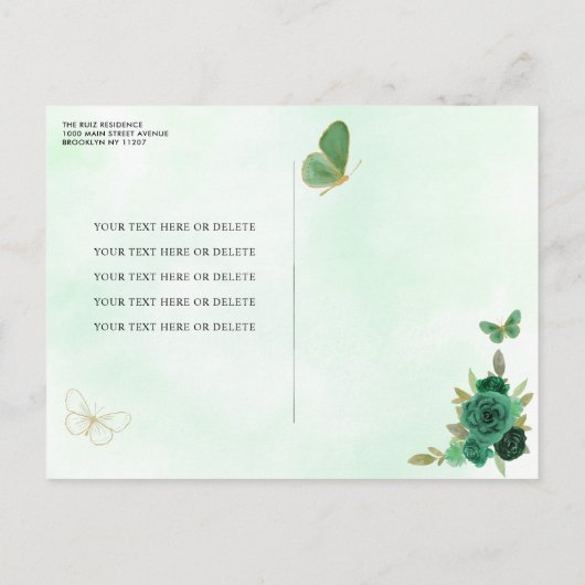 エメラルドグリーン金ゴールドフローラプリンセスキンセアニラ インビテーションポストカード (裏面)