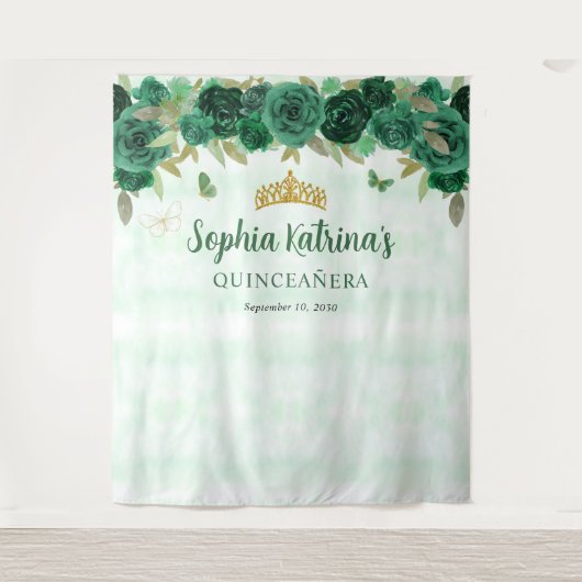 エメラルドグリーン金ゴールドフローラプリンセスキンセアニラ タペストリー (正面)