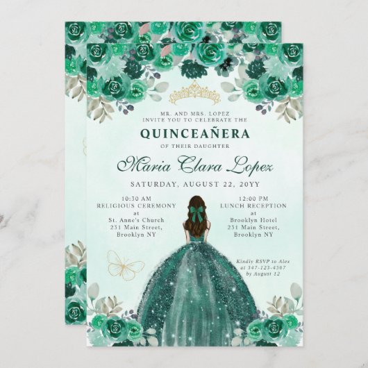 エメラルドグリーン金ゴールドフローラプリンセスキンセアニラ 招待状 (正面/裏面)