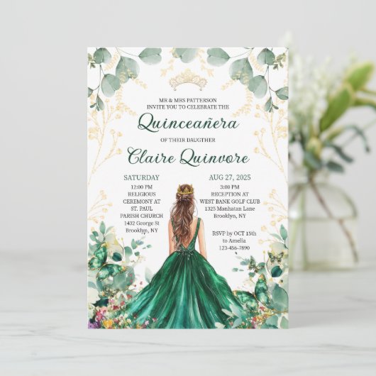 エメラルドグリーン金ゴールドフローラ写真キンセアニェラ 招待状 (スタンド正面)