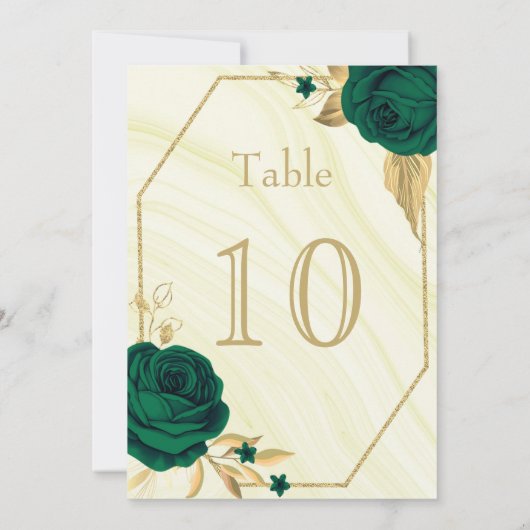 エメラルドグリーン金ゴールドフローラ幾何学テーブル番号 招待状 (裏面)