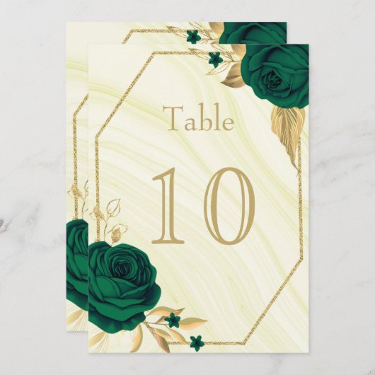 エメラルドグリーン金ゴールドフローラ幾何学テーブル番号 招待状 (正面/裏面)