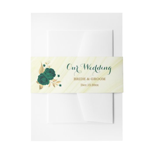 エメラルドグリーン金ゴールドフローラ結婚大理石 招待状ベリーバンド (正面例)