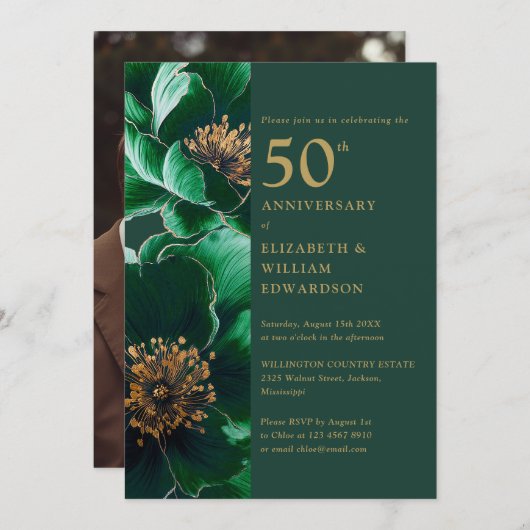エメラルドグリーン金ゴールドフローラ50周年記念写真 招待状 (正面/裏面)