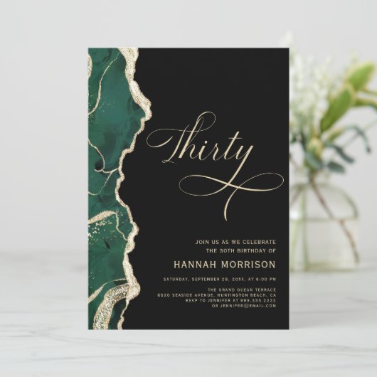 エメラルドグリーン金ゴールドブラックアゲート30歳の誕生日 招待状 (スタンド正面)