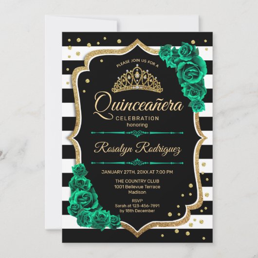 エメラルドグリーン金ゴールドブラックエレガントキンセアニェラ 招待状 (正面)