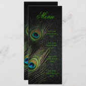 エメラルドグリーン金ゴールドブラック結婚ピーコックのメニュー 招待状 (正面/裏面)