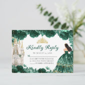 エメラルドグリーン金ゴールドプリンセスキンセアニラRSVPカード 出欠カード (スタンド正面)