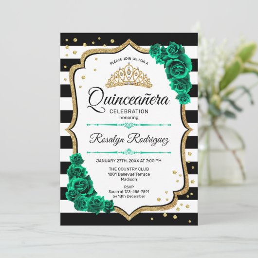 エメラルドグリーン金ゴールドホワイトキンセアニェラ 招待状 (スタンド正面)