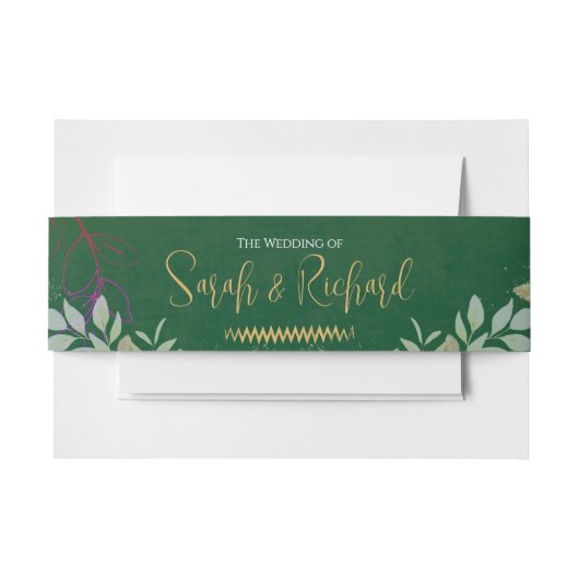 エメラルドグリーン金ゴールドボタニカルベルベットラグジュアリー結婚ズ 招待状ベリーバンド (正面例)