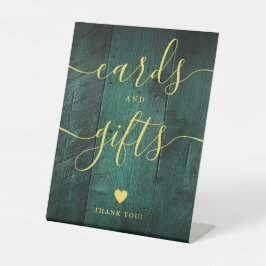 エメラルドグリーン金ゴールドボホバーンウッドカードとギフト 台座サイン