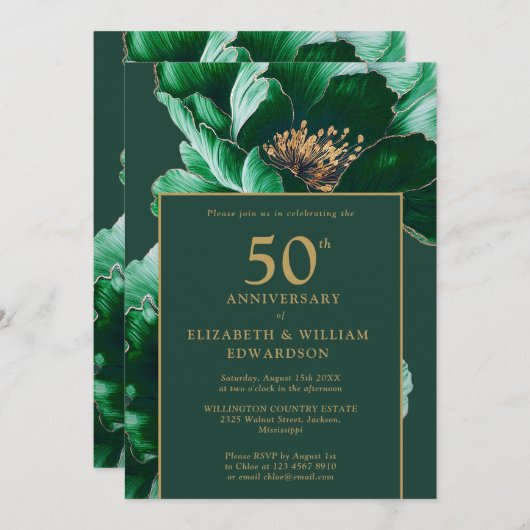 エメラルドグリーン金ゴールドモダンフローラ50周年 招待状 (正面/裏面)