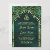 エメラルドグリーン金ゴールドモロッコアーチムスリム結婚ズ 招待状 (正面)