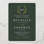 エメラルドグリーン金ゴールドリーフモシンプルノグラ結婚ムズイン 箔招待状 (正面)