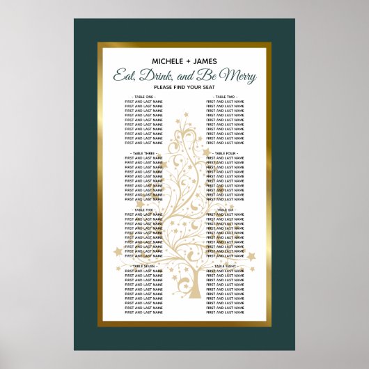 エメラルドグリーン金ゴールド冬の結婚式のシーティングチャート ポスター (正面)
