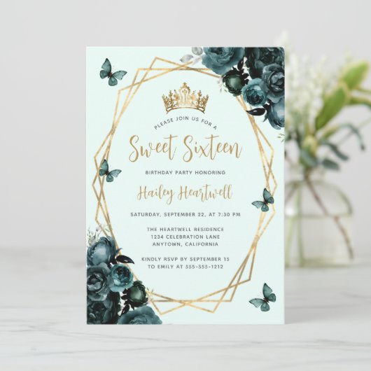 エメラルドグリーン金ゴールド幾何学的フローラスウィート16パーティー 招待状 (スタンド正面)