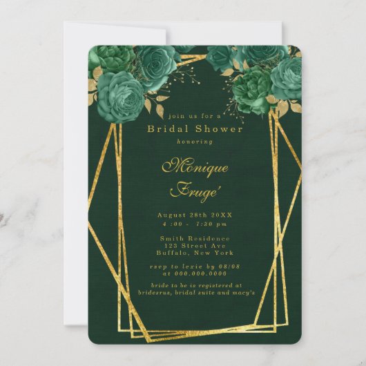 エメラルドグリーン金ゴールド幾何学的フローラブライダルシャワー 招待状 (正面)