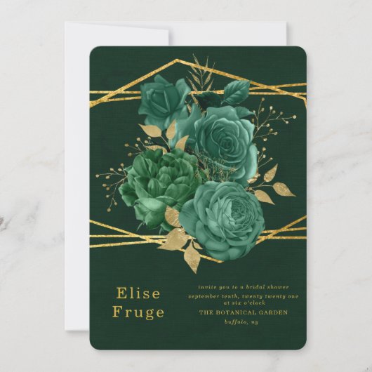 エメラルドグリーン金ゴールド幾何学的フローラブライダルシャワー 招待状 (正面)