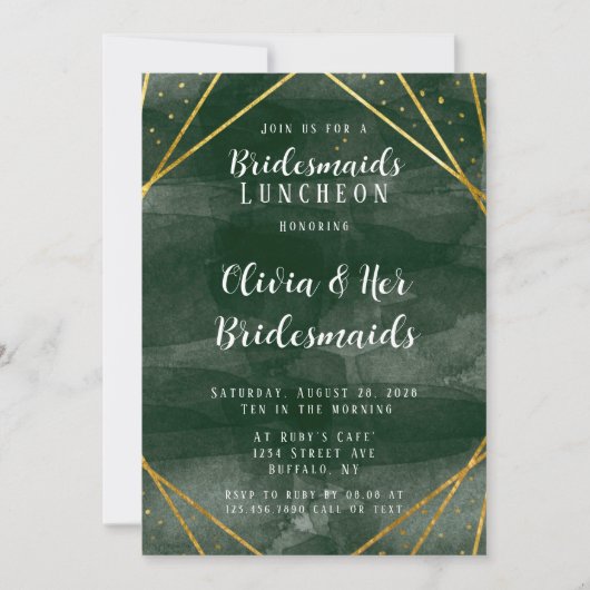 エメラルドグリーン金ゴールド幾何学的ブリデスメイドランチョン 招待状 (正面)