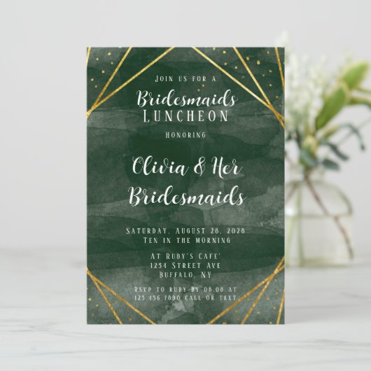 エメラルドグリーン金ゴールド幾何学的ブリデスメイドランチョン 招待状 (スタンド正面)