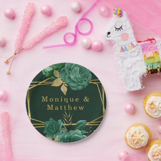 エメラルドグリーン金ゴールド幾何結婚フローラ ペーパープレート (パーティー)