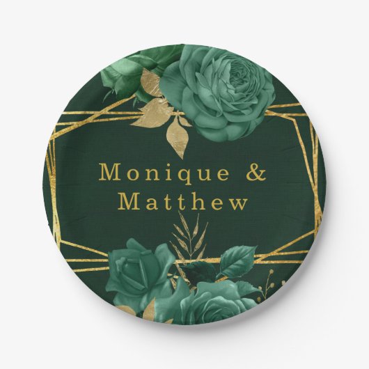 エメラルドグリーン金ゴールド幾何結婚フローラ ペーパープレート (正面)
