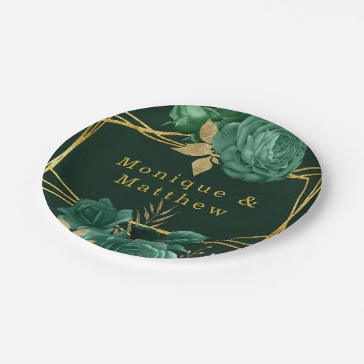 エメラルドグリーン金ゴールド幾何結婚フローラ ペーパープレート (アングル)