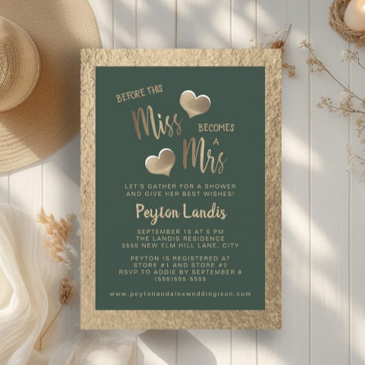 エメラルドグリーン金ゴールド恋しく思ハートミセス・ブライダルシャワー 招待状