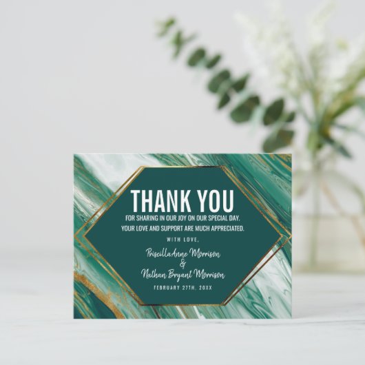 エメラルドグリーン金ゴールド抽象芸術アゲートマーブルサンキューユー ポストカード (スタンド正面)