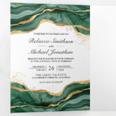 エメラルドグリーン金ゴールド抽象芸術インクQRコー結婚ド 三つ折り招待状 (内部最初)