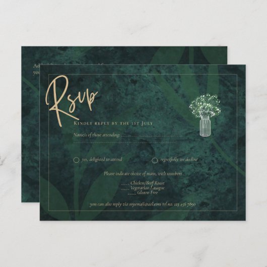 エメラルドグリーン金ゴールド文字ジプソフィラウェディングRSVP ポストカード (正面/裏面)