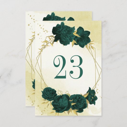 エメラルドグリーン金ゴールド植物表番号 招待状 (正面/裏面)