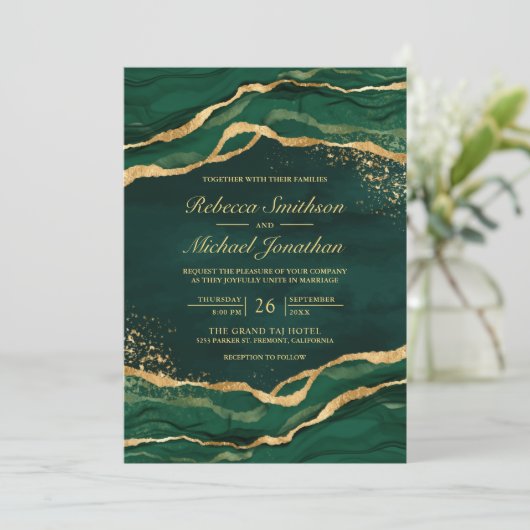 エメラルドグリーン金ゴールド流体インクフォト結婚ズ 招待状 (スタンド正面)