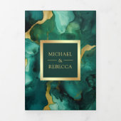 エメラルドグリーン金ゴールド流体インクQRコード結婚ズ 三つ折り招待状 (カバー)