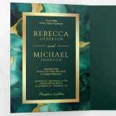 エメラルドグリーン金ゴールド流体インクQRコード結婚ズ 三つ折り招待状 (内部最初)