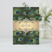 エメラルドグリーン金ゴールド王室のインディアンピーコックRSVP 出欠カード (スタンド正面)