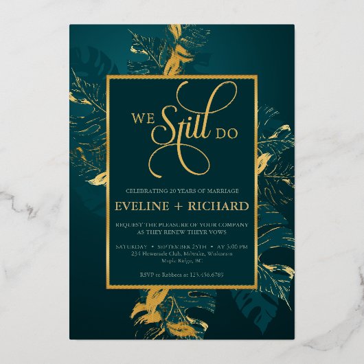 エメラルドグリーン金ゴールド箔まだ誓いを更新する 箔招待状 (正面)