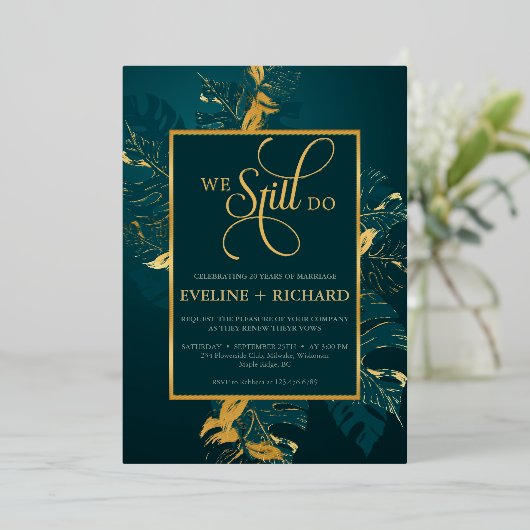 エメラルドグリーン金ゴールド箔まだ誓いを更新する 箔招待状 (立ち正面)