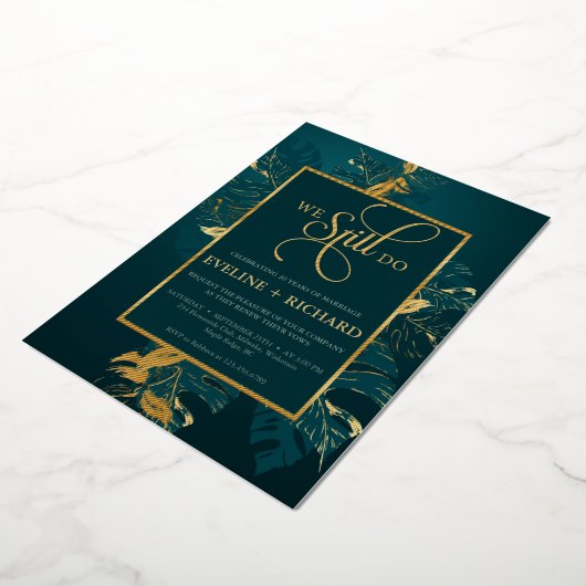 エメラルドグリーン金ゴールド箔まだ誓いを更新する 箔招待状 (回転した状態)