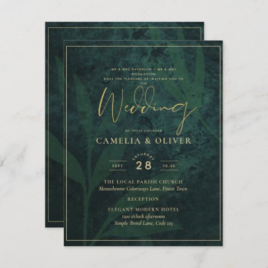 エメラルドグリーン金ゴールド結婚のプリントデジタルダウンロード 招待状 (正面/裏面)